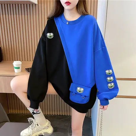 设计感小众卫衣女春秋季韩版宽松大码中长款薄款撞色口袋上衣外套商品大图