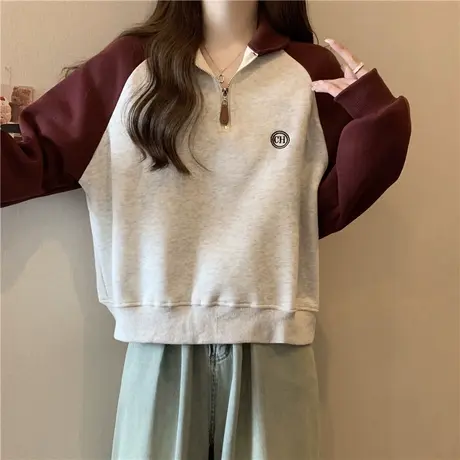 小个子短款插肩长袖卫衣女春秋薄款韩版宽松POLO翻领撞色上衣外套商品大图