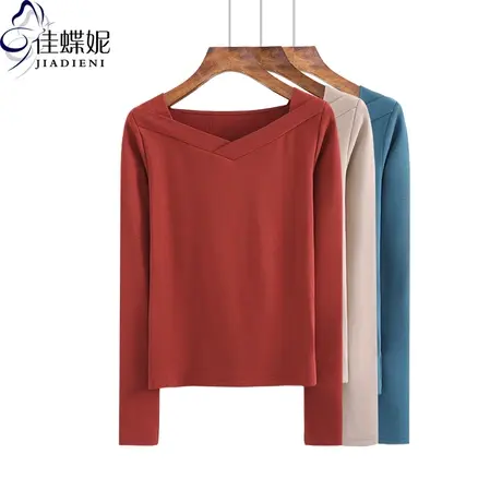 秋冬新款V领加厚保暖纯棉磨毛女修身显瘦体恤上衣打底内搭长袖T恤商品大图