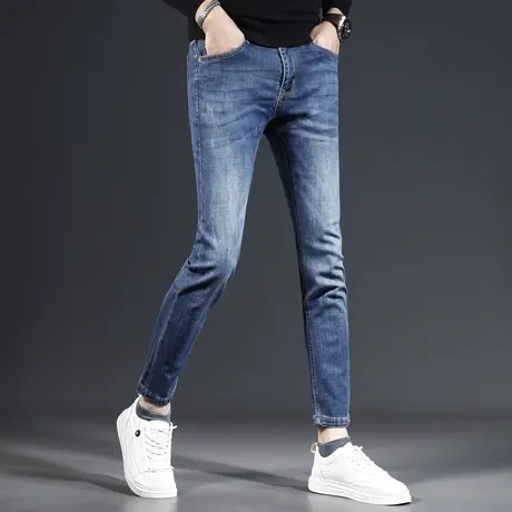 经典蓝色九分牛仔裤男修身小脚2024新款夏季弹力百搭休闲男士裤子图片
