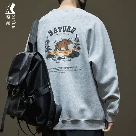 希越长袖针织圆领卫衣男款2024春秋宽松大码360克重磅印花打底衫商品大图