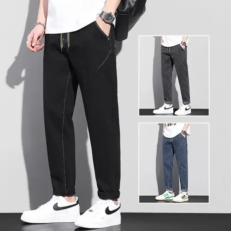 新塘水洗高级感黑色牛仔裤子男士夏季薄款休闲松紧腰男生潮流百搭商品大图