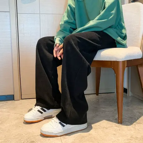 高级感雪尼尔休闲长裤男秋季胖子大码运动裤子宽松重磅直筒阔腿裤商品大图