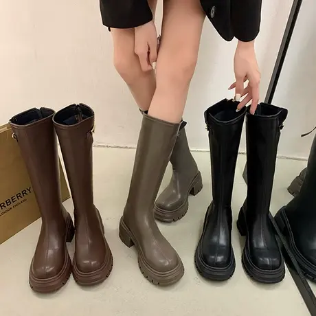 欧美骑士长靴女2023年秋冬新款气质皮带扣时尚百搭增高粗跟瘦瘦靴商品大图