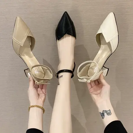 永希包头凉鞋女2024年春夏新款仙女风配裙子粗跟一字带尖头高跟鞋商品大图