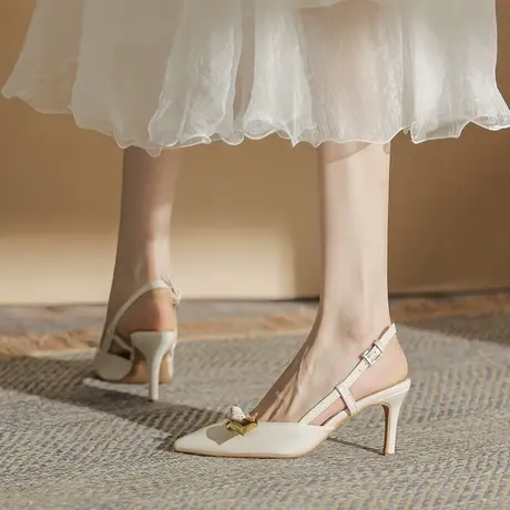 法式漆皮包头凉鞋女2024年夏季新款尖头细跟高跟鞋气质一字带单鞋商品大图