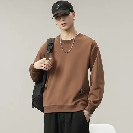 青少年潮牌男装加绒百搭纯色秋季长袖卫衣潮流高档男士宽松卫衣商品大图