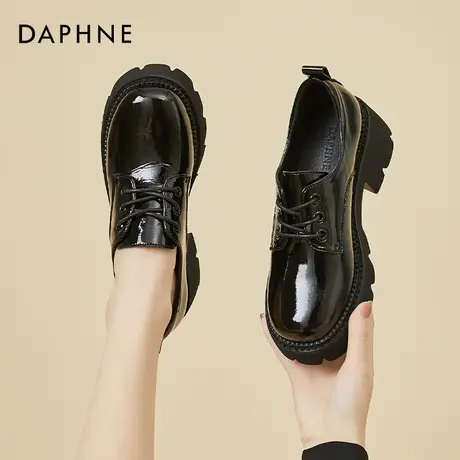达芙妮高跟黑皮鞋女鞋夏季2022新款英伦风粗跟厚底增高系鞋带单鞋图片