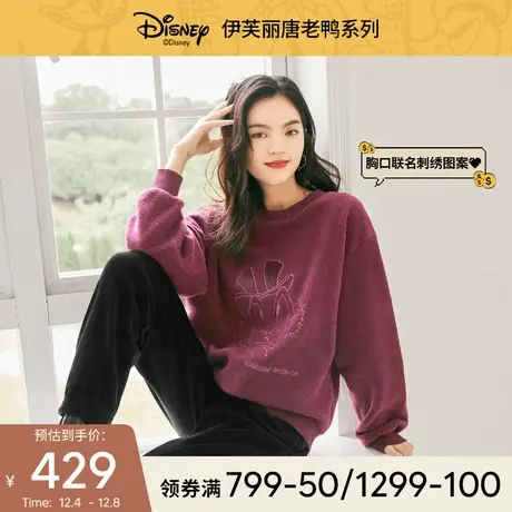 唐老鸭系列伊芙丽2021冬季新款摇粒绒圆领红色刺绣加绒加厚卫衣女图片