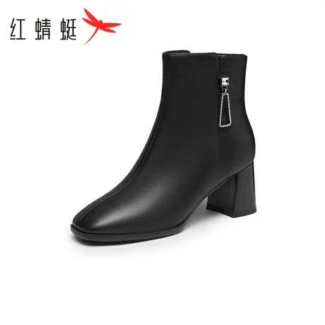 红蜻蜓女靴2023冬季新款时装靴气质通勤短靴粗跟加绒保暖妈妈靴商品大图