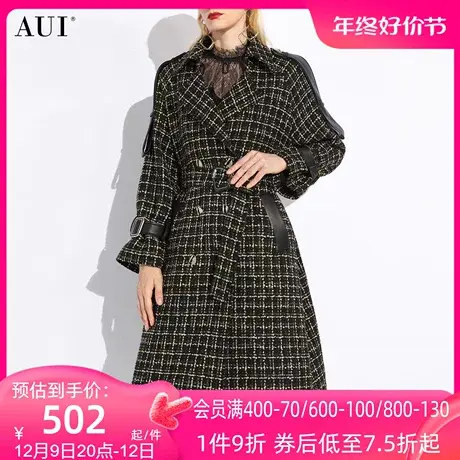 AUI欧洲站格子修身毛呢外套女2023年秋冬新款中长款收腰呢子大衣商品大图