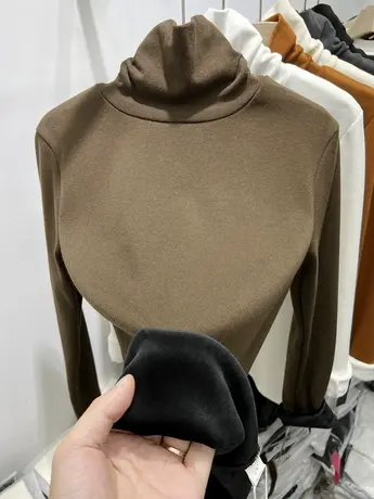 高领堆堆领加绒加厚长袖T恤女2023秋冬新款内搭一体绒打底衫上衣商品大图