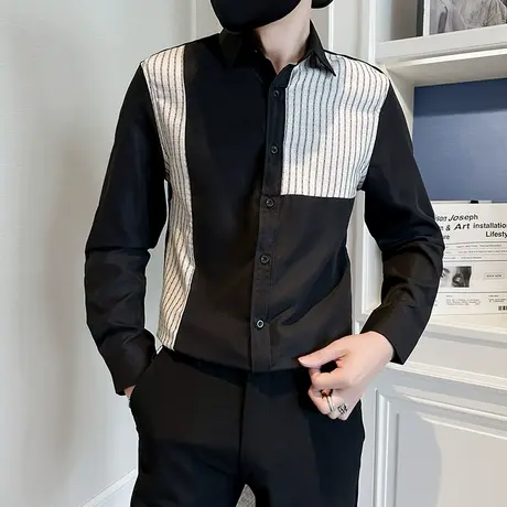 长袖衬衫秋季新款2023条纹拼接休闲衬衣发型师高级感INS百搭寸衫商品大图