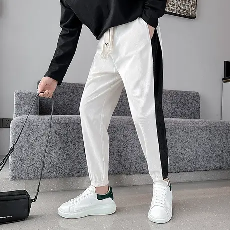 秋季个性撞色拼接灯芯绒小脚长裤2023潮牌运动九分裤春秋休闲卫裤商品大图