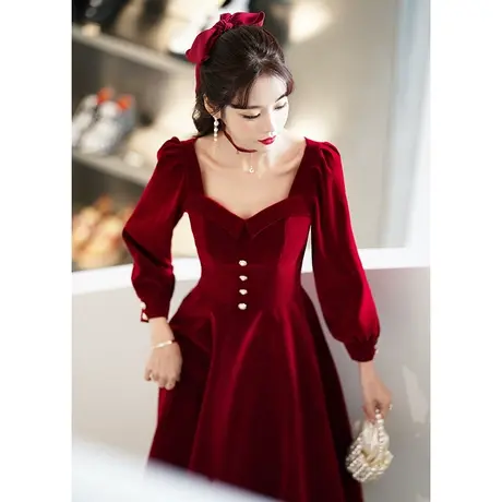 长袖敬酒服新娘2023新款冬季加厚丝绒订婚小个子礼服女红色连衣裙图片