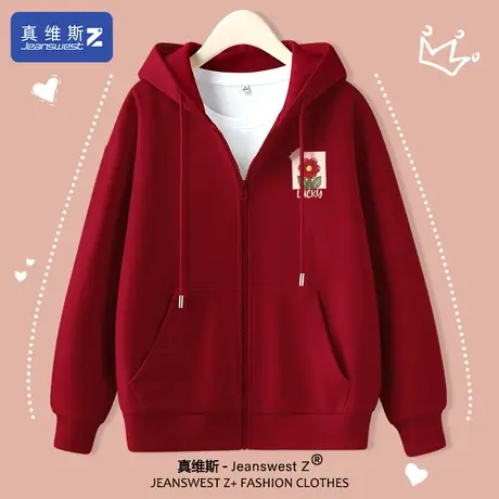 真维斯Z+外套女2024早春新款连帽上衣宽松休闲酒红色衣服女装春H图片