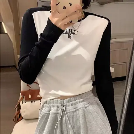 拼接撞色插肩长袖打底衫女春季修身韩版内搭T恤小个子短款上衣服商品大图