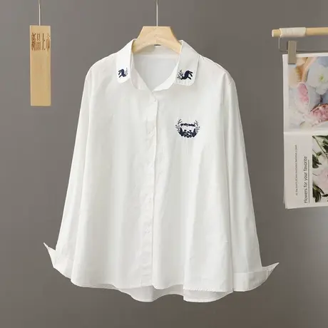 纯棉百搭衬衫女春秋新款小个子清新文艺刺绣上衣长袖打底白色衬衣商品大图