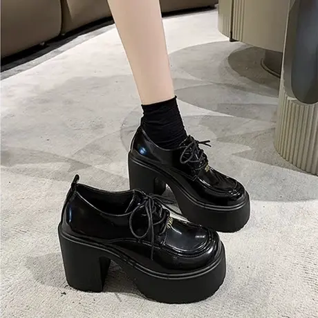 高跟鞋女2024新款春秋粗跟单鞋女鞋英伦风小皮鞋女款春季厚底鞋子图片