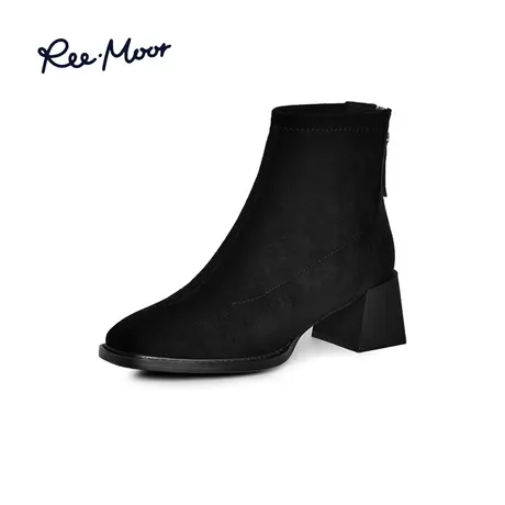 REEMOOR睿慕绒面高跟冬针织弹力靴黑色瘦瘦靴短靴法式小踝靴女商品大图