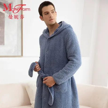 曼妮芬舒适睡袍双面仿羊羔绒休闲家居服男连帽长袍起居服20320570商品大图
