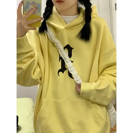 奶黄色潮牌卫衣女小个子秋冬加绒加厚oversize美式复古连帽外套商品大图