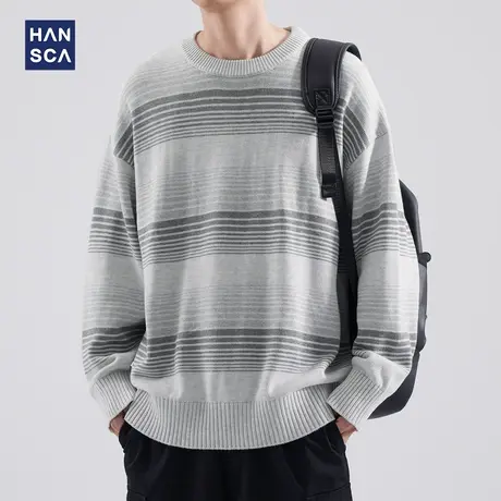hansca条纹毛衣男冬季潮牌撞色针织衫圆领宽松大码青少年套头上衣商品大图