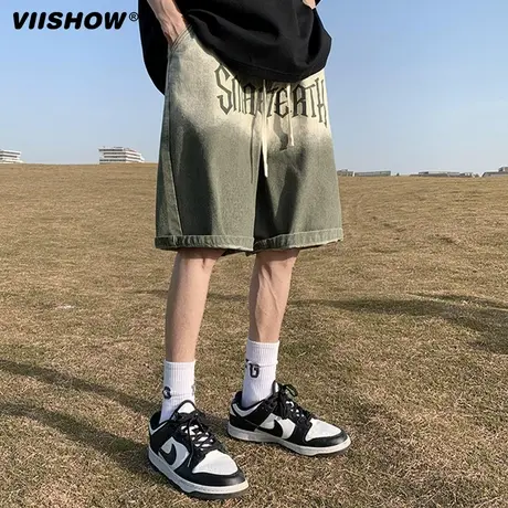 VIISHOW渐变牛仔短裤男夏季抽绳松紧腰水洗美式vibe休闲五分裤子商品大图