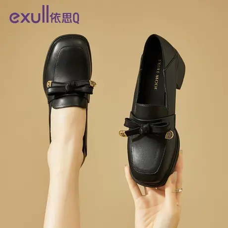 依思q黑色乐福鞋高跟2024新款春季蝴蝶结一脚蹬女鞋中口方头单鞋商品大图