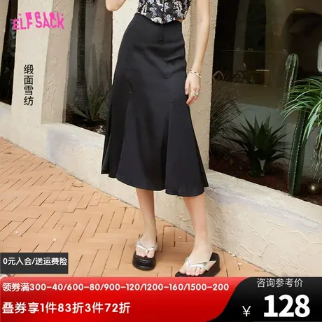 妖精的口袋黑色雪纺半身裙女2023夏季新款开叉高腰a字显瘦中长款图片