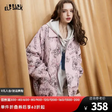 妖精的口袋印花宽松棉服女2024春秋新款设计感长袖美式棉衣外套图片