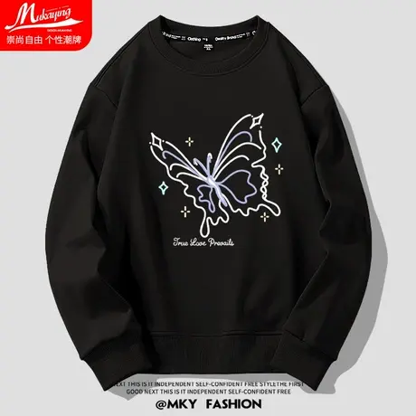 美式复古潮流蝴蝶印花圆领卫衣男秋季设计感小众简约休闲百搭长袖商品大图