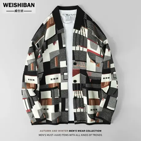 高级感提花油画小众设计针织衫毛衣男外套春秋拼色时髦开衫外套男商品大图