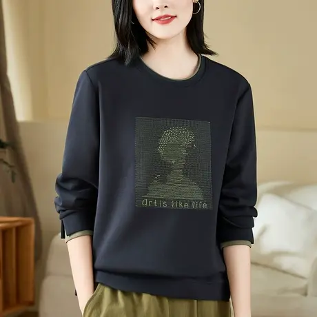 重磅优质圆领卫衣女春秋2023年新款洋气减龄中年妈妈正肩上衣长袖图片