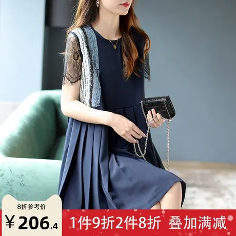 宝诗黎蕾丝亮片网纱拼接夏季连衣裙新款宽松百褶裙女2023减龄裙子图片