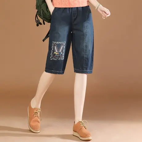 韩潮袭人松紧腰休闲牛仔五分裤子女夏季新款宽松百搭显瘦哈伦裤薄商品大图