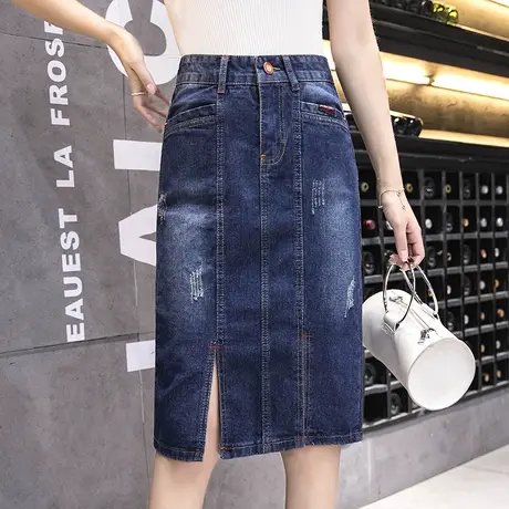 牛仔裙半身裙女时尚春夏新款包臀直筒复古高腰中长款深色开叉8837图片