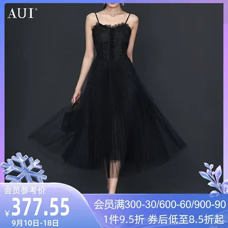AUI黑色名媛气质蕾丝吊带连衣裙女2023春新款性感显瘦网纱百褶裙图片