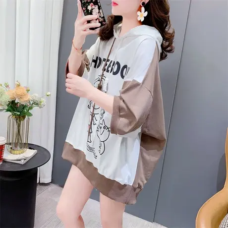 宽松慵懒风拼色连帽短袖T恤女夏季2023新款洋气设计感超火ins上衣商品大图