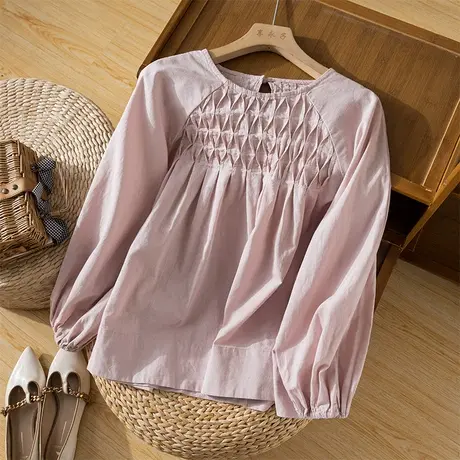 享永子长袖棉麻衬衫女法式褶皱设计感气质通勤宽松文艺复古上衣秋商品大图