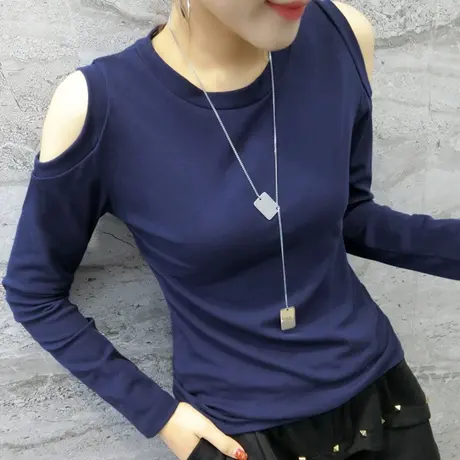 2023春秋新款时尚露肩纯棉T恤女长袖性感漏肩上衣修身小衫欧货潮t商品大图