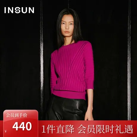 恩裳COVER2023秋季新款简约条纹感鼓波设计羊毛混纺蝙蝠袖针织衫商品大图