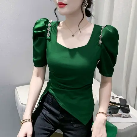 欧货方领泡泡袖T恤女时尚洋气收腰小衫不规则分叉上衣别致半袖夏商品大图