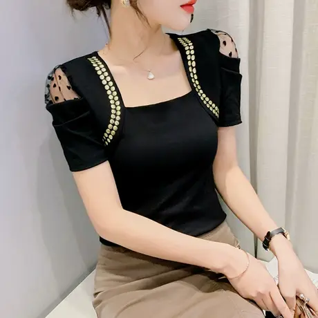 时尚方领泡泡袖T恤女网纱拼接短袖上衣性感镂空气质小衫修身半袖图片