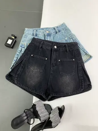 辣妹复古口袋牛仔短裤女夏高腰显瘦设计感阔腿侧开叉A字外穿热裤图片