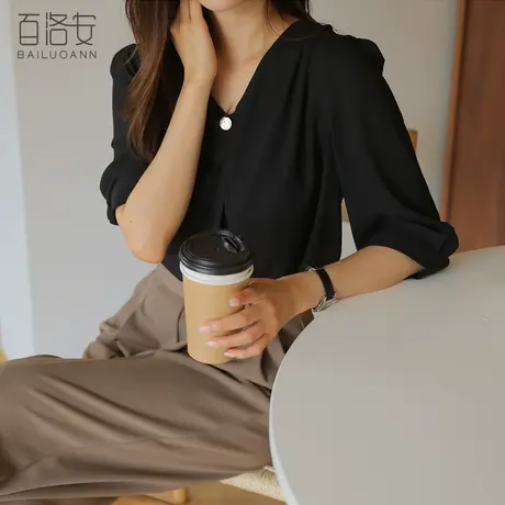 百洛安时尚V领五分袖衬衫女秋新款百搭薄款套头上衣宽松显瘦衬衣图片