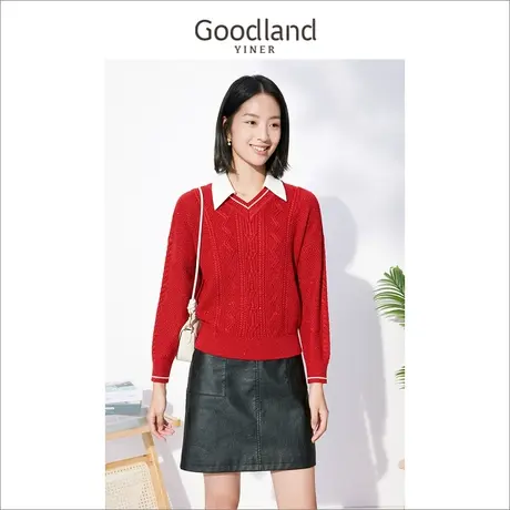 音儿美地女装2022冬季新款亮丝套头麻花毛衣假两件polo针织衫商品大图