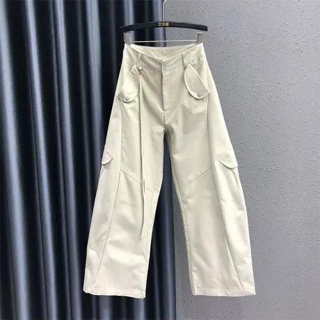 美式休闲裤女2023秋季新款个性口袋米色时尚百搭直筒长裤女阔腿裤商品大图
