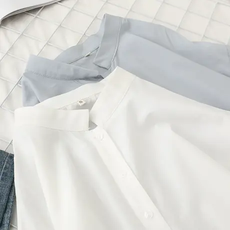 2021夏新款韩版文艺纯棉白色短袖衬衫女学生宽松荷叶中袖立领上衣商品大图