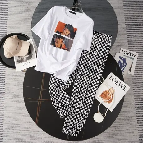 纯棉大码运动服套装女夏季薄款时尚洋气短袖长裤小个子休闲两件套商品大图